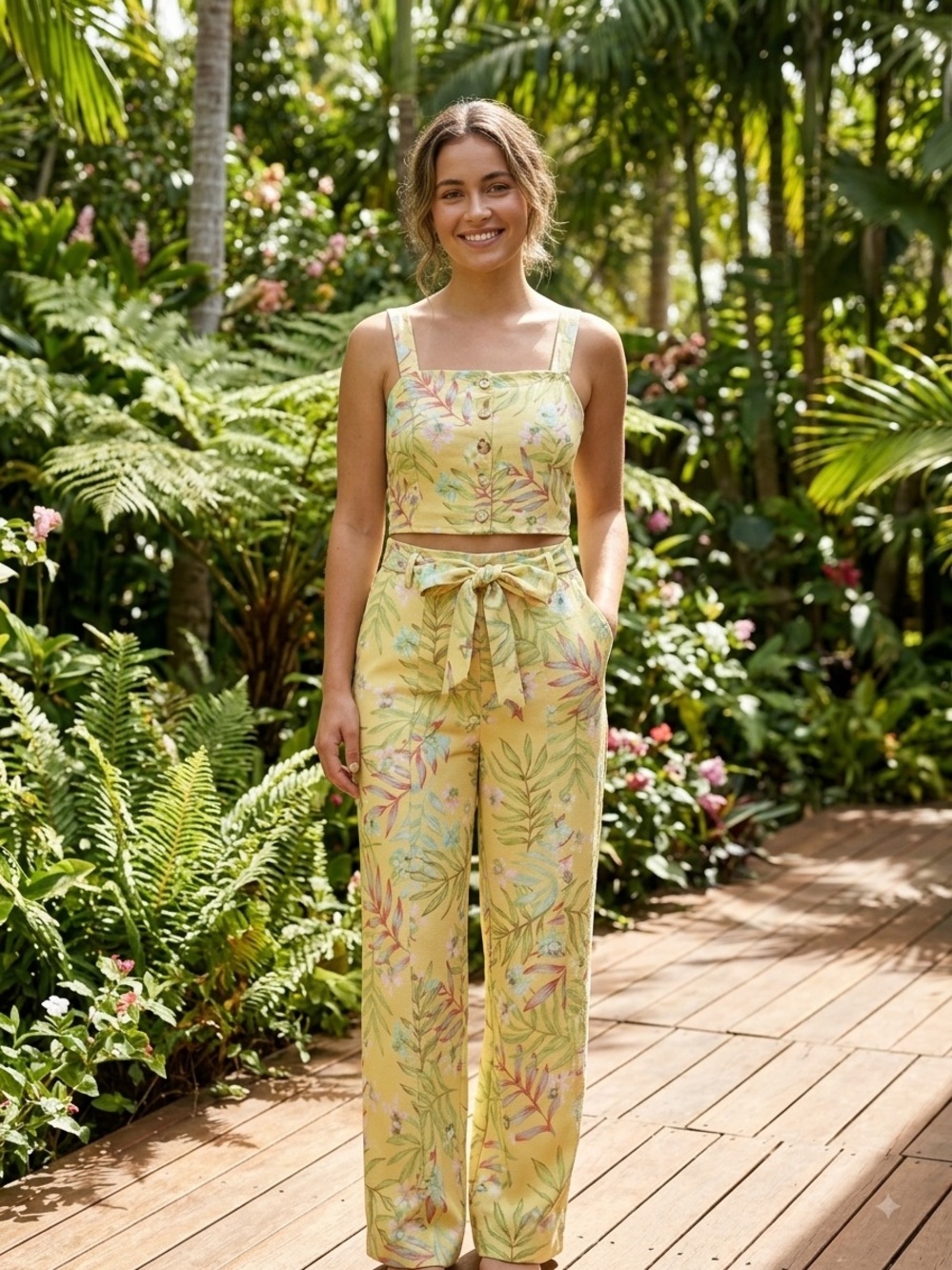 No Boundaries Yellow Floral Two-Piece Jumpsuit Set Sz XL